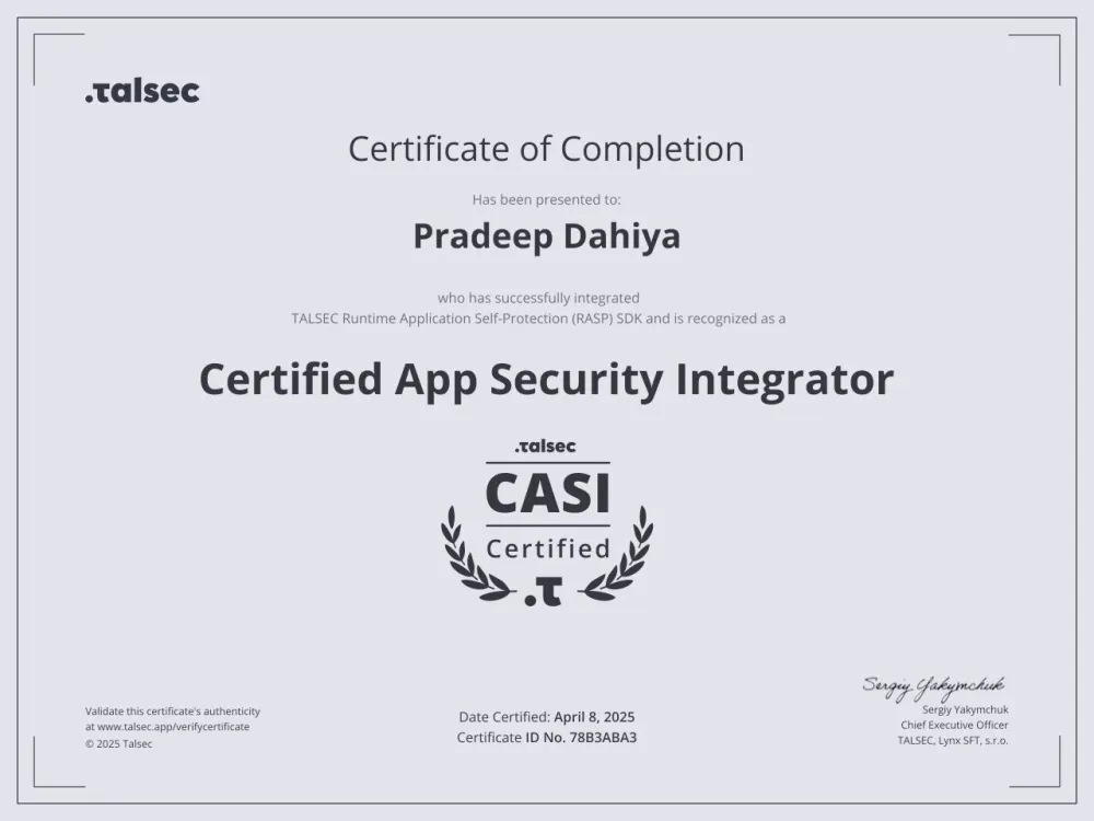 Talsec Certified App Security Integrator certificate