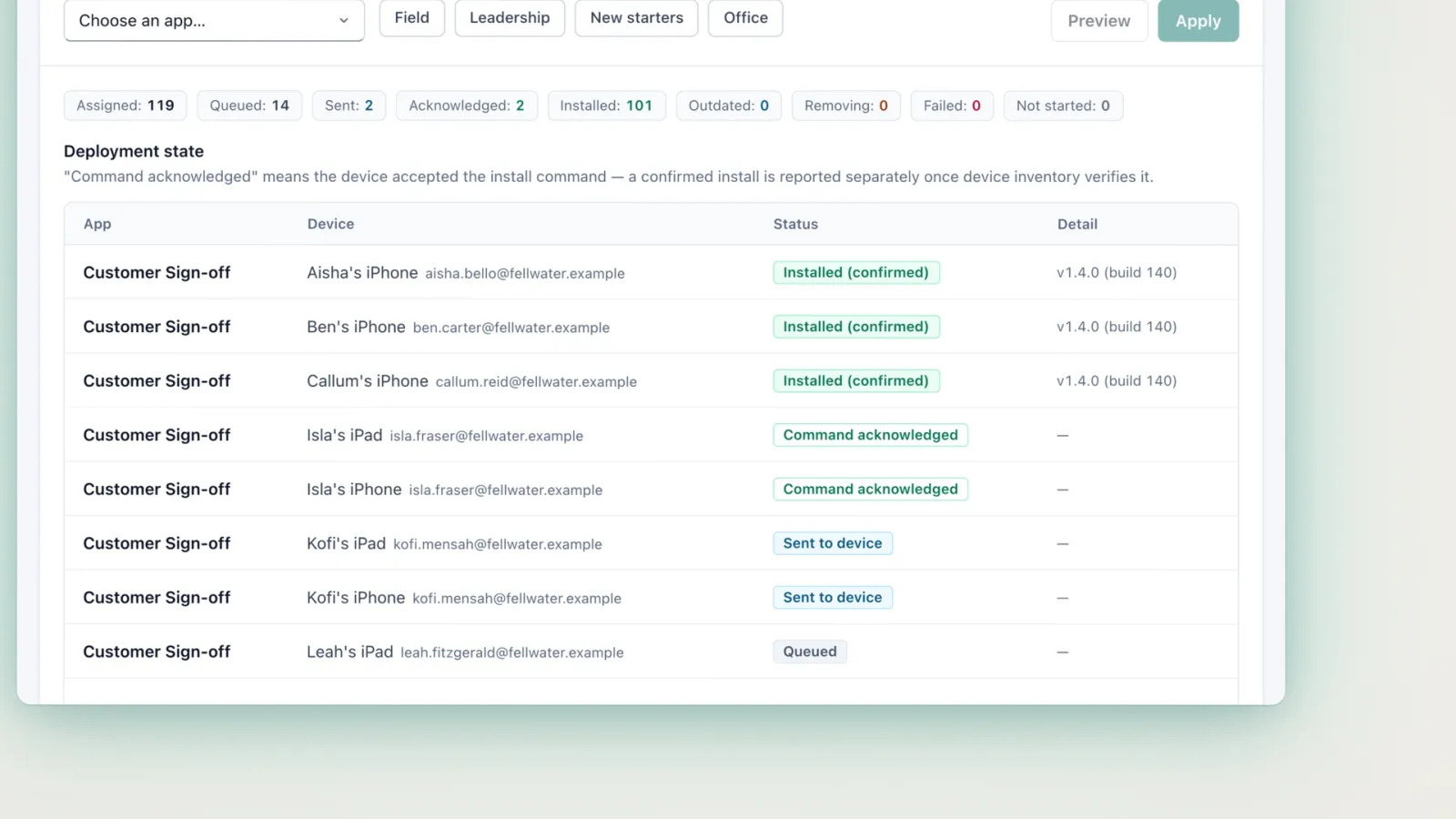 A frame from the Vamiq film: one app installing across a team's devices