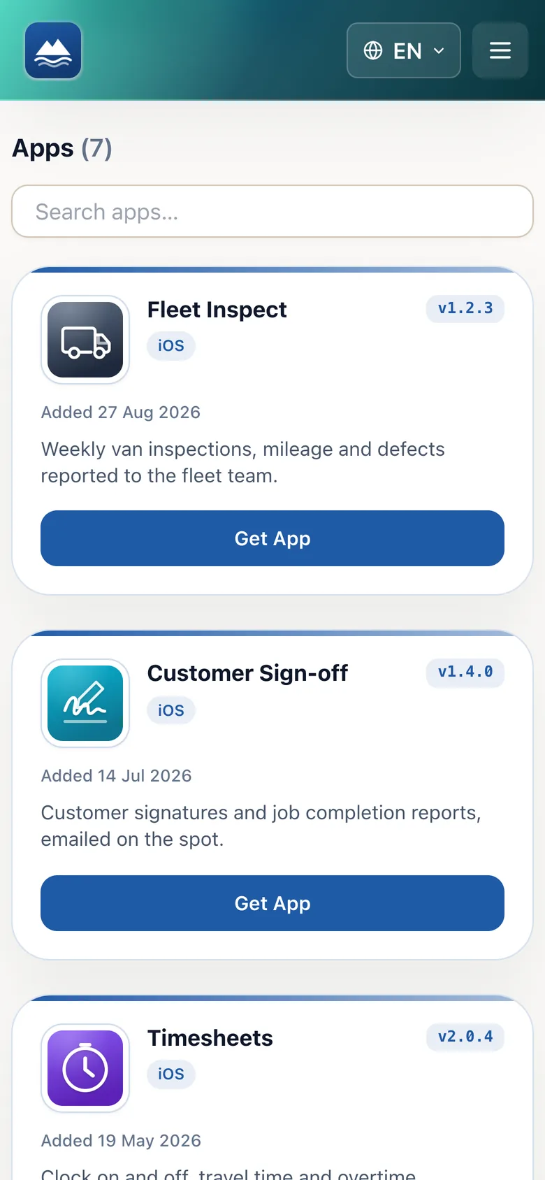 A branded company app store on an iPhone, in a Vamiq sample workspace